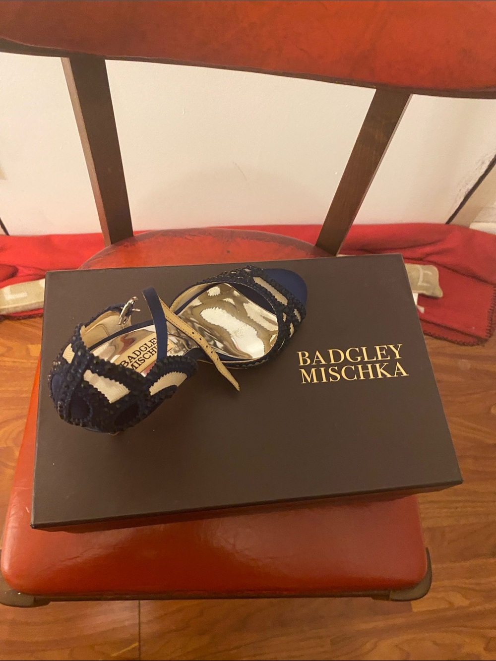 Badgley Mischka Navy and Cream Lace Dress Sandals
